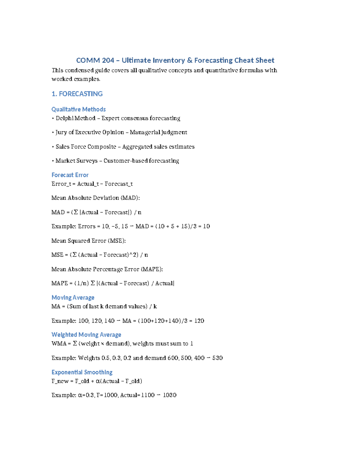 COMM 204 Ultimate Inventory Forecasting Cheat Sheet - Studocu