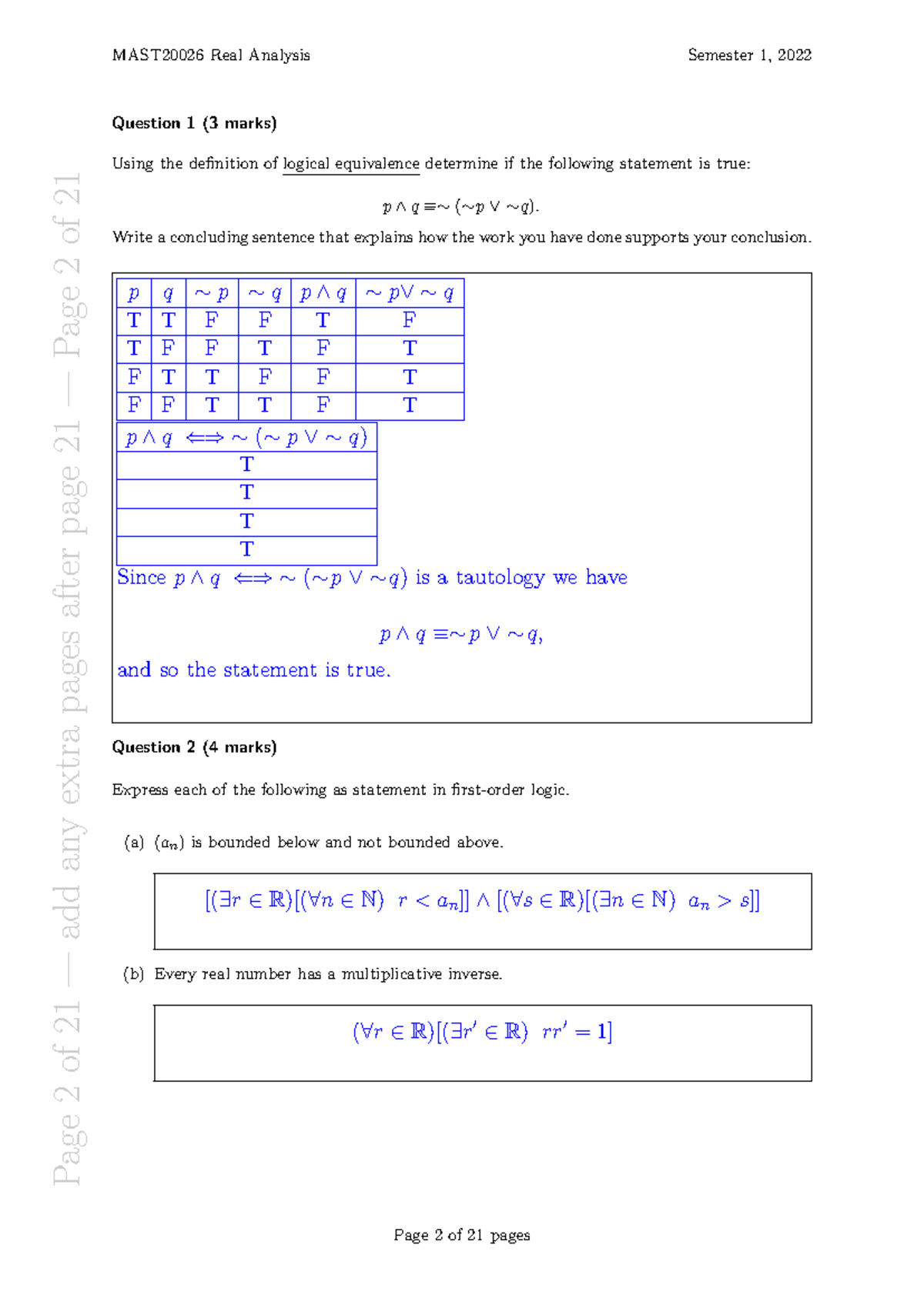 MAST20026 Real Analysis Semester 1, 2022 Exam Solutions and ...