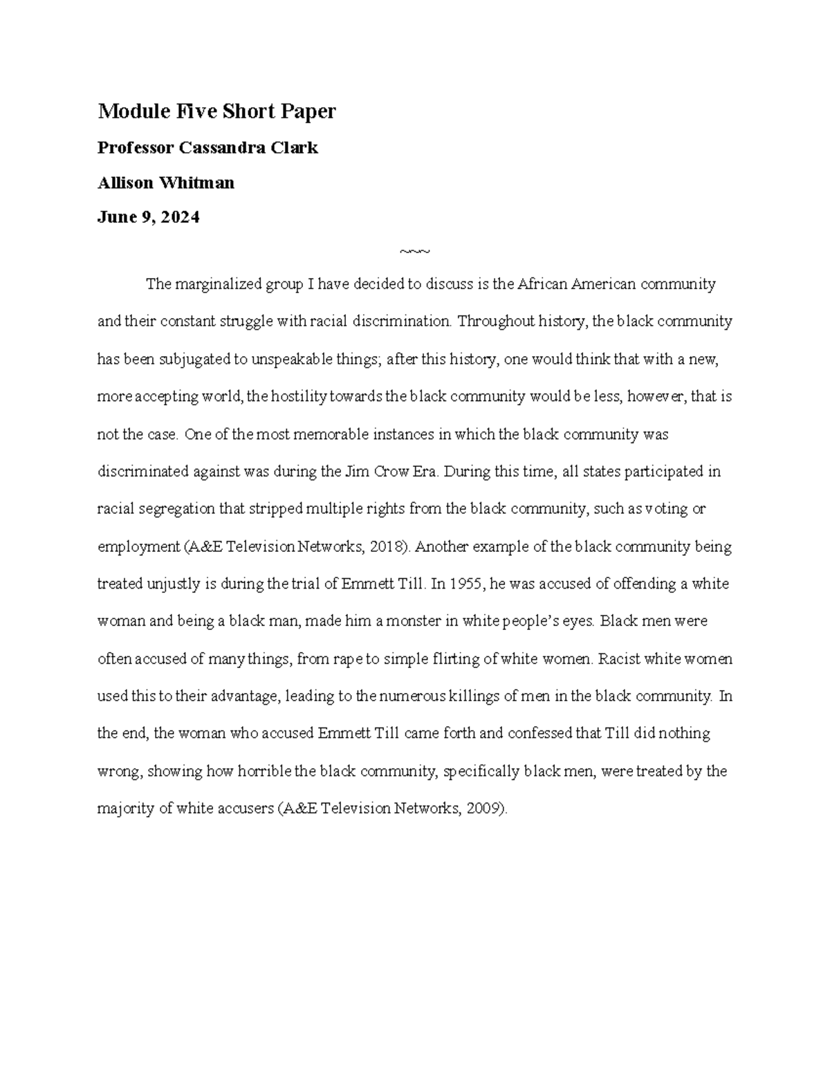 HIS 217 Module 5 Short Paper: Racial Discrimination against African ...