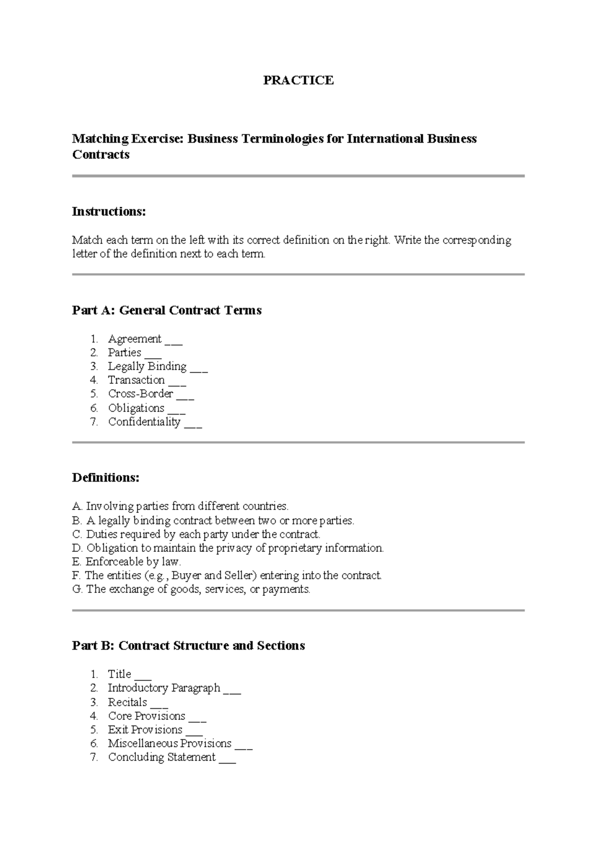 PRACTICE Matching Exercise: Intl Business Contract Terms - Studocu