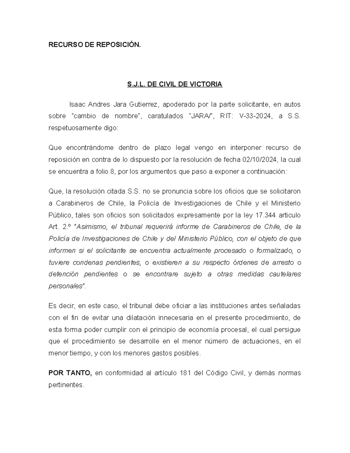 Recurso de Reposición en el S.J. de Civil de Victoria - RIT V-33-2024 ...