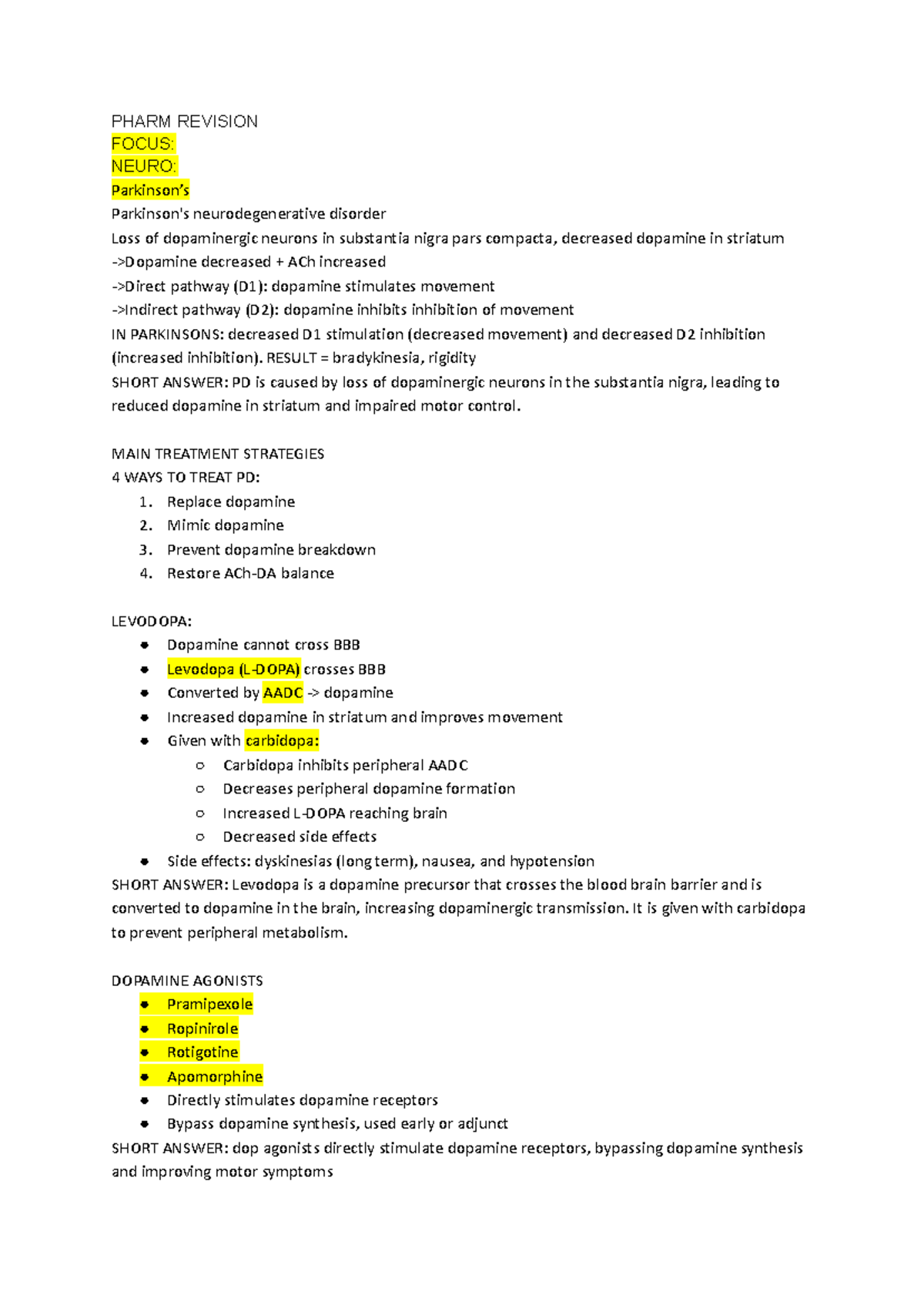 PHARM 101: REVISION NOTES ON NEUROLOGICAL DISORDERS AND TREATMENTS ...