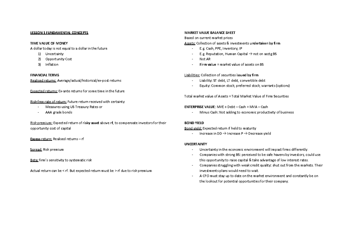 Corporate Finance FINALS Notes: Key Concepts & Theories - Studocu