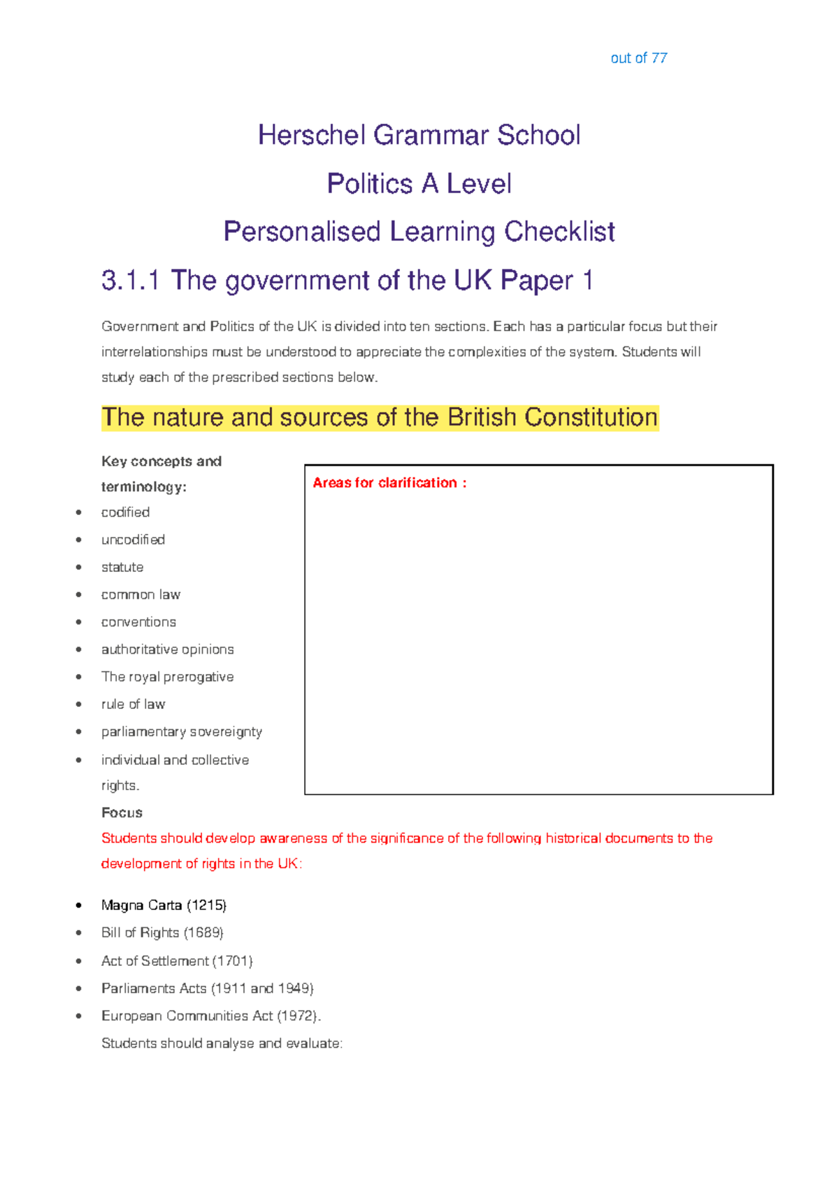 April Mocks Politics A Level Paper 1 PLC Annotated Notes - Studocu