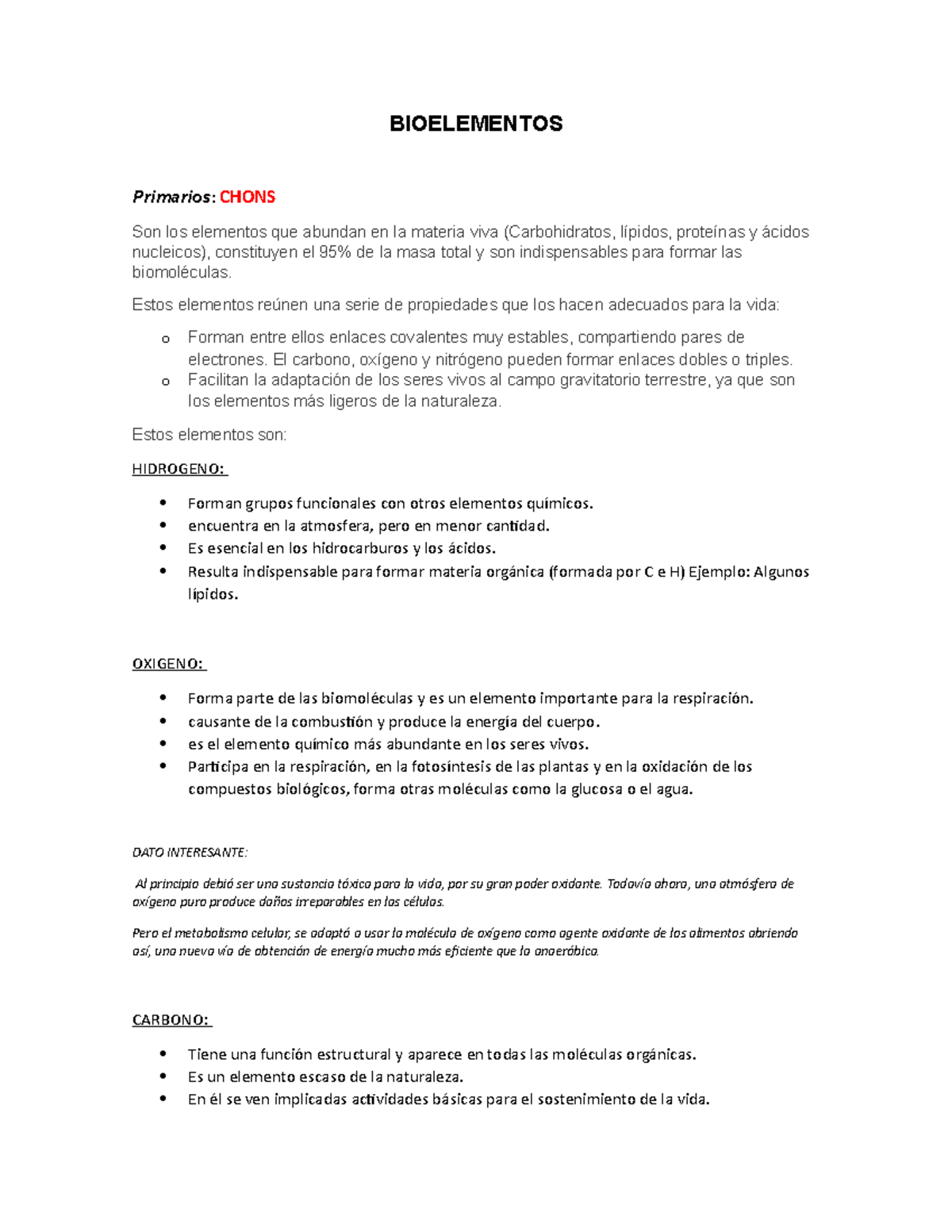 Resumen de Bioelementos CHONS: Características y Funciones en Biología ...
