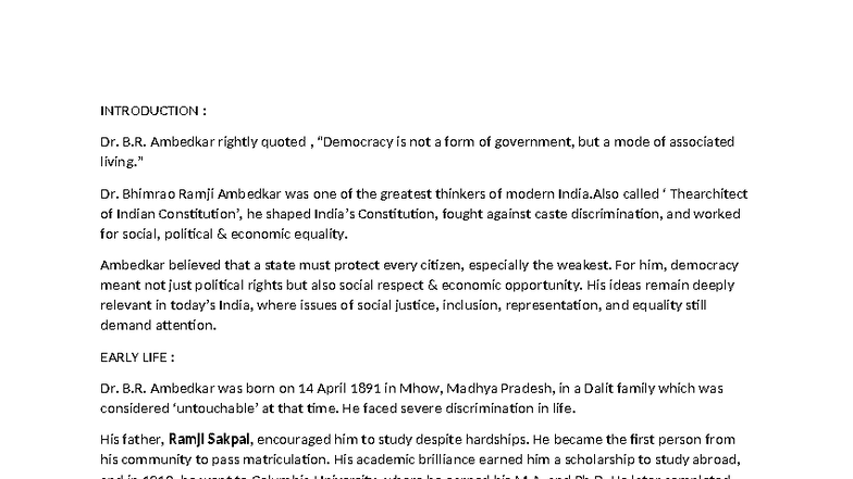 B.R. Ambedkar: Architect of Equality and Social Justice in India - Studocu