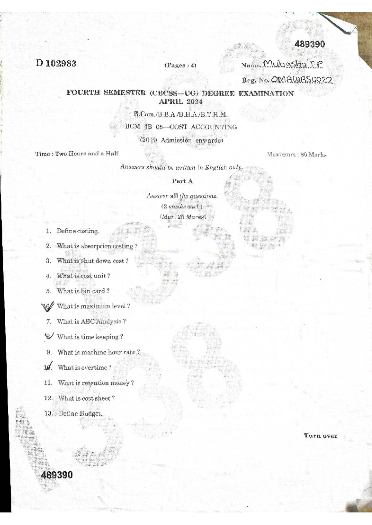 COST Accounting - Fourth Semester Degree Exam BCM 4B - April 2024 - Studocu