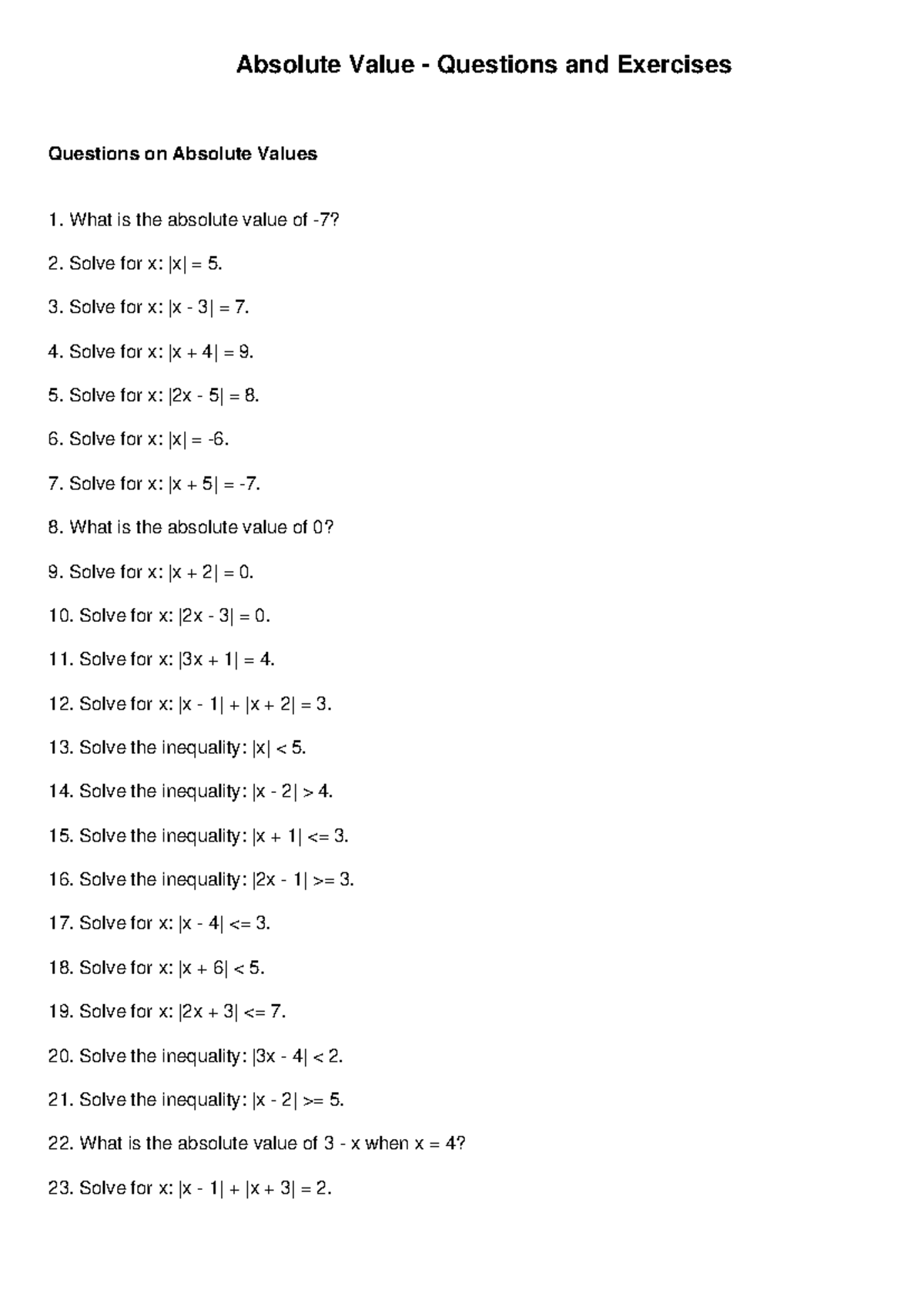 Absolute Value Exercises and Solutions (Math 101) - Studocu