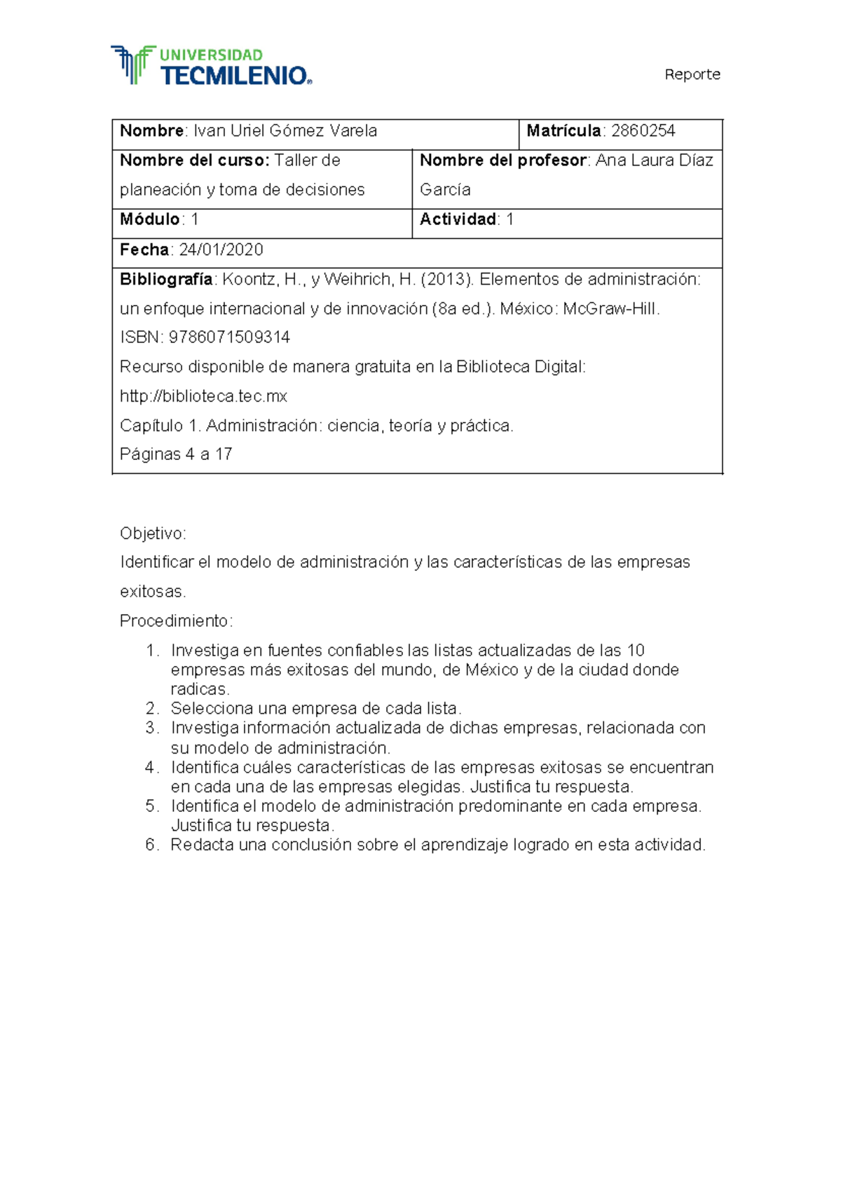 Taller de Planeación y Toma de Decisiones - Actividad 1 Reporte - Studocu