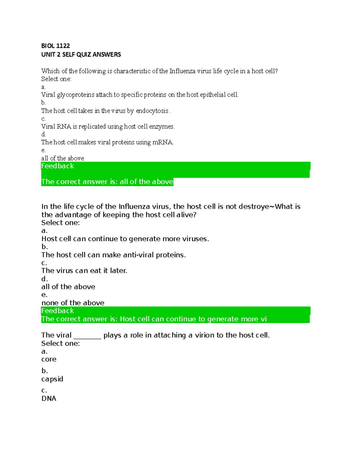 BIO 1122 UNIT 2 SELF QUIZ - BIOL 1122 UNIT 2 SELF QUIZ ANSWERS Which of ...