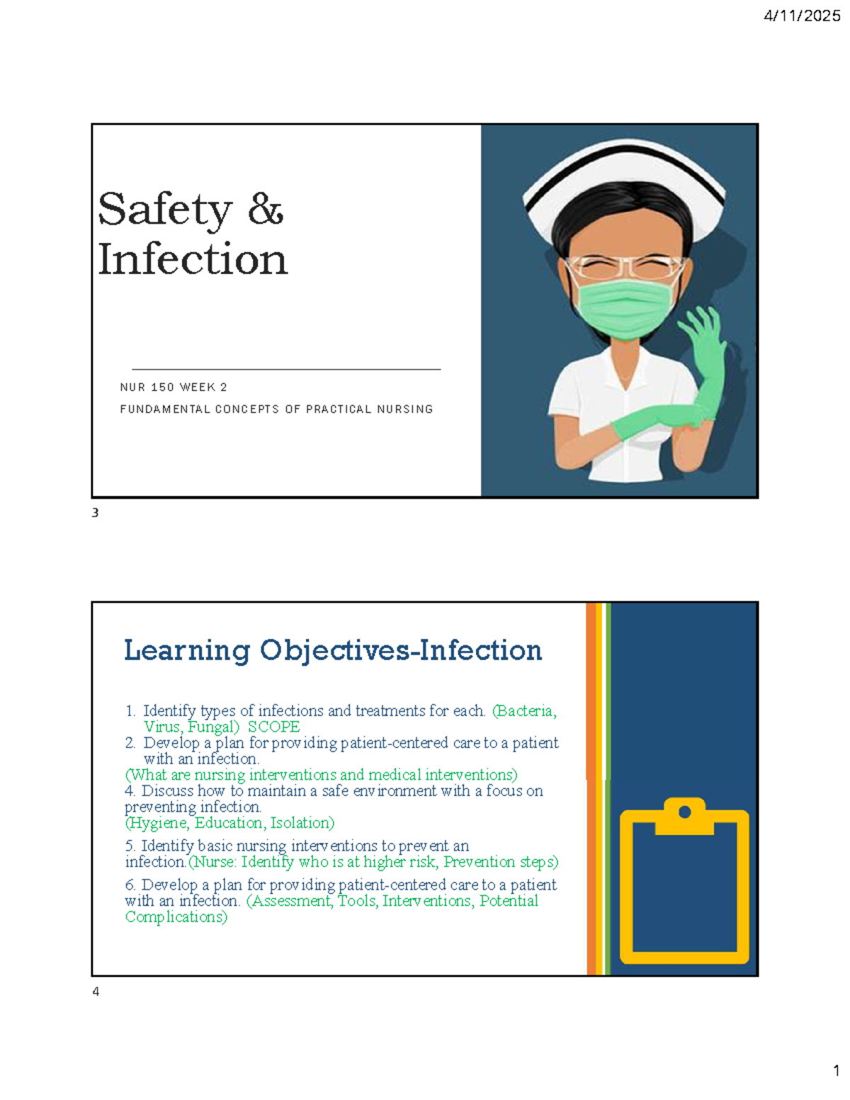 Infection Control and Patient Safety - NUR150 WEEK 2 Lecture Notes ...