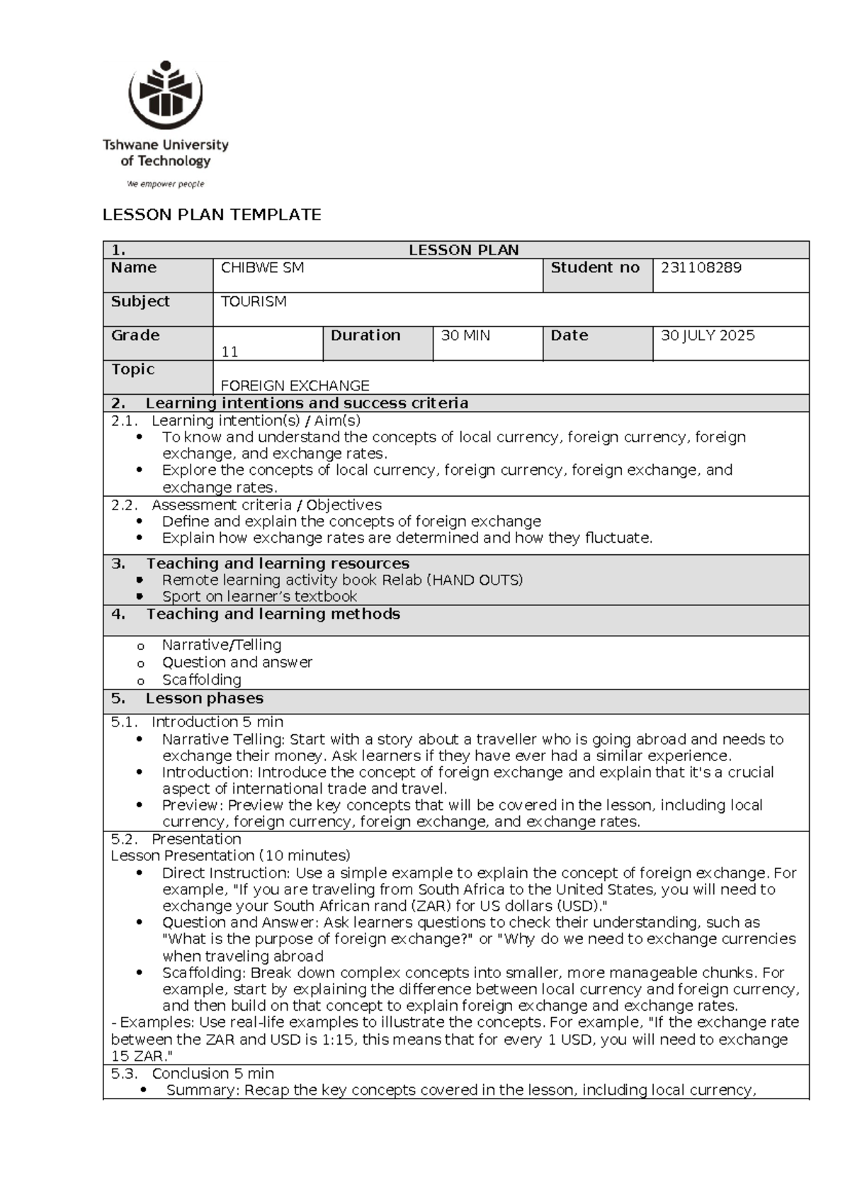 Tourism Lesson Plan on Foreign Exchange (Grade 11) - 091139 - Studocu