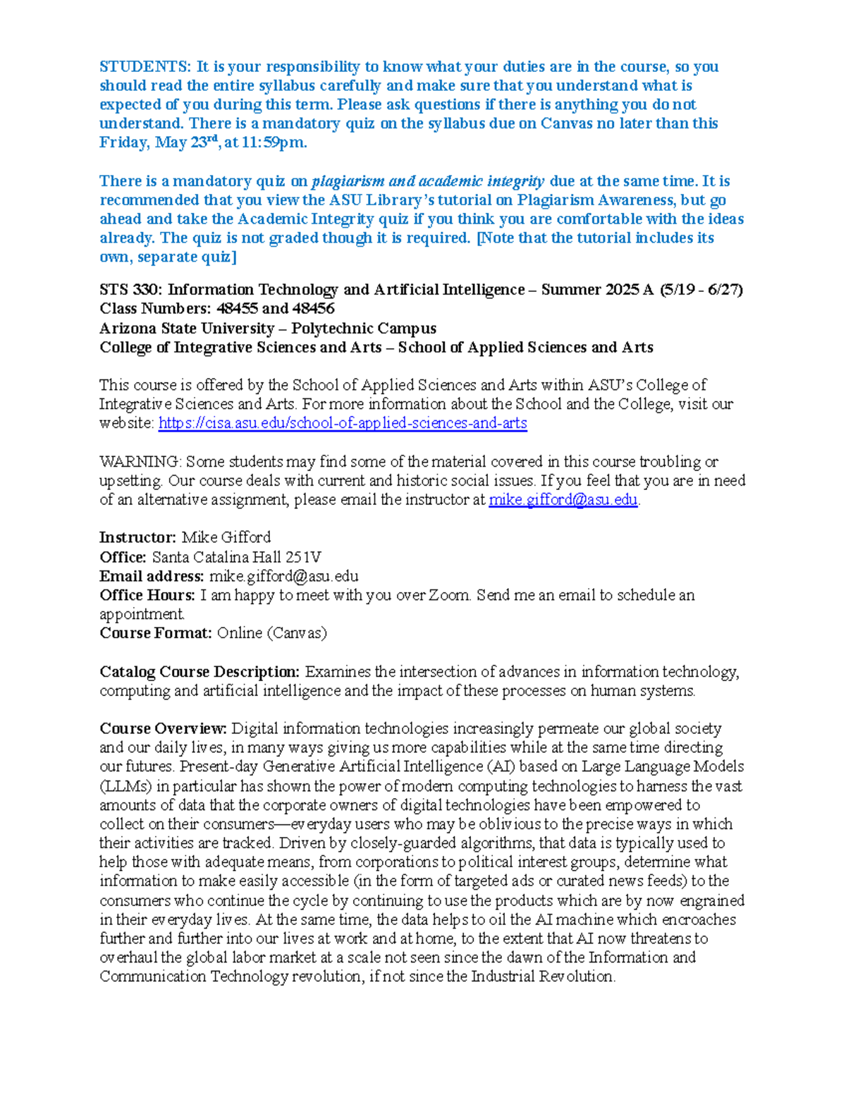 STS 330: Syllabus Overview and Quiz Instructions for Summer 2025 - Studocu
