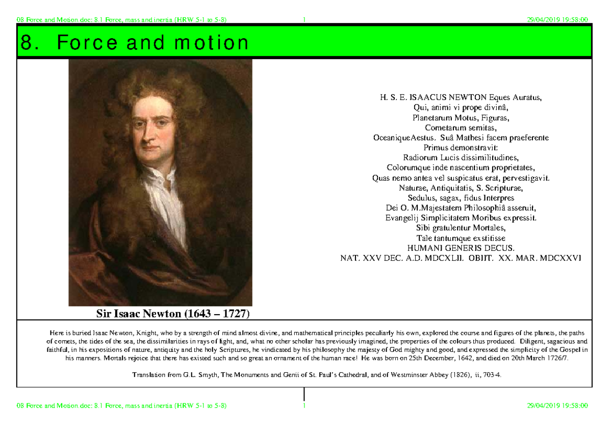 08 Force and Motion - Lecture Notes on Mass, Inertia, and Forces - Studocu