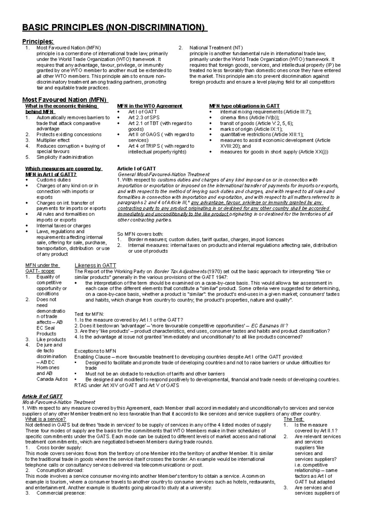 BASIC PRINCIPLES OF WTO: MFN & NT - Key Concepts and Cases - Studocu