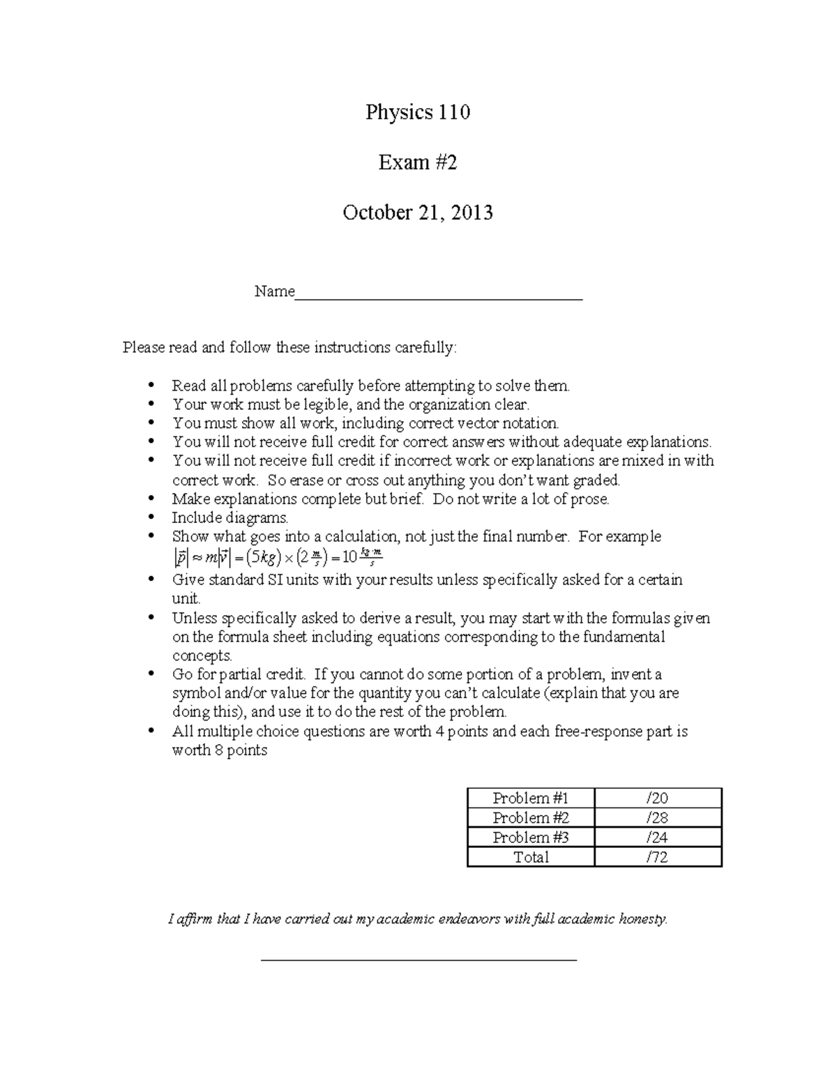 Physics 110, Exam 2 - Study Guide & Solutions (October 2013) - Studocu