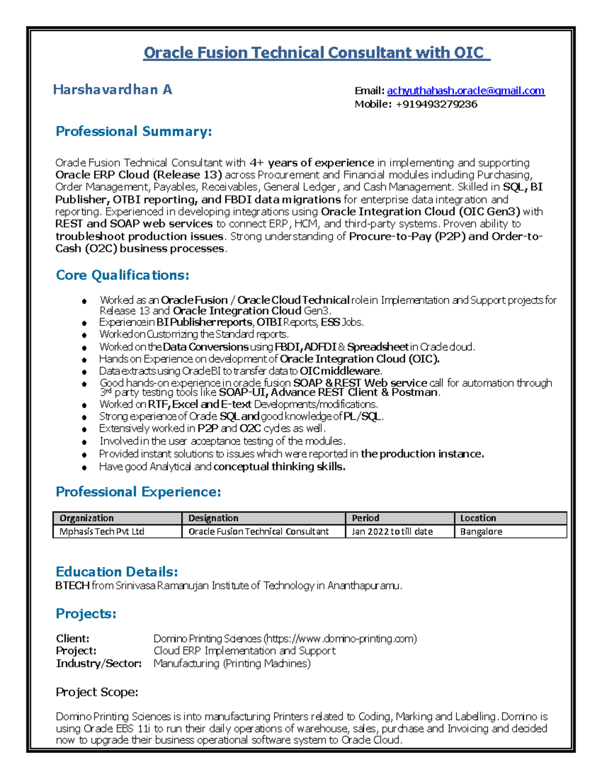 Oracle Fusion Technical Consultant Resume (OIC, 4 Yrs Experience) - Studocu