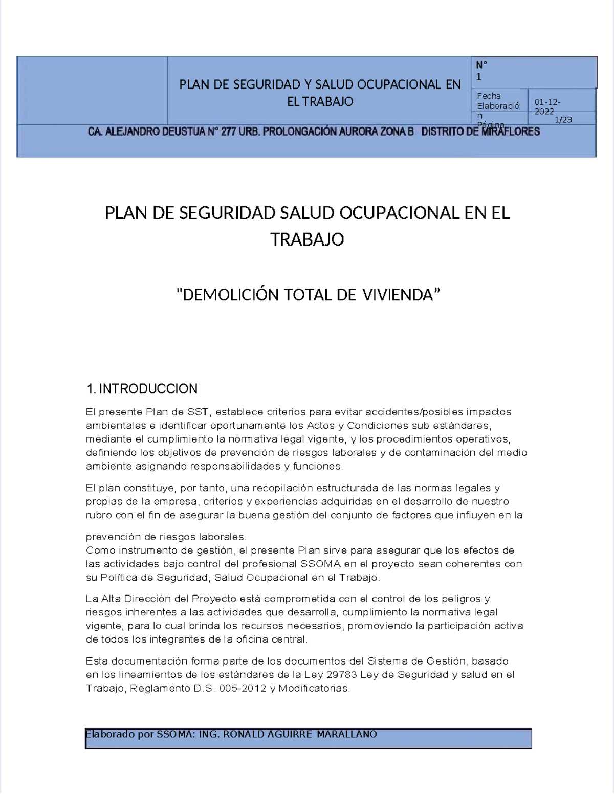 PLAN DE SEGURIDAD Y SALUD OCUPACIONAL EN EL TRABAJO - SST 1 - Studocu