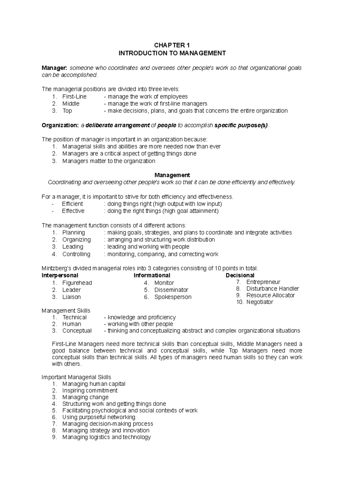 Chapter 1 Notes: Understanding Management Functions and Skills - Studocu