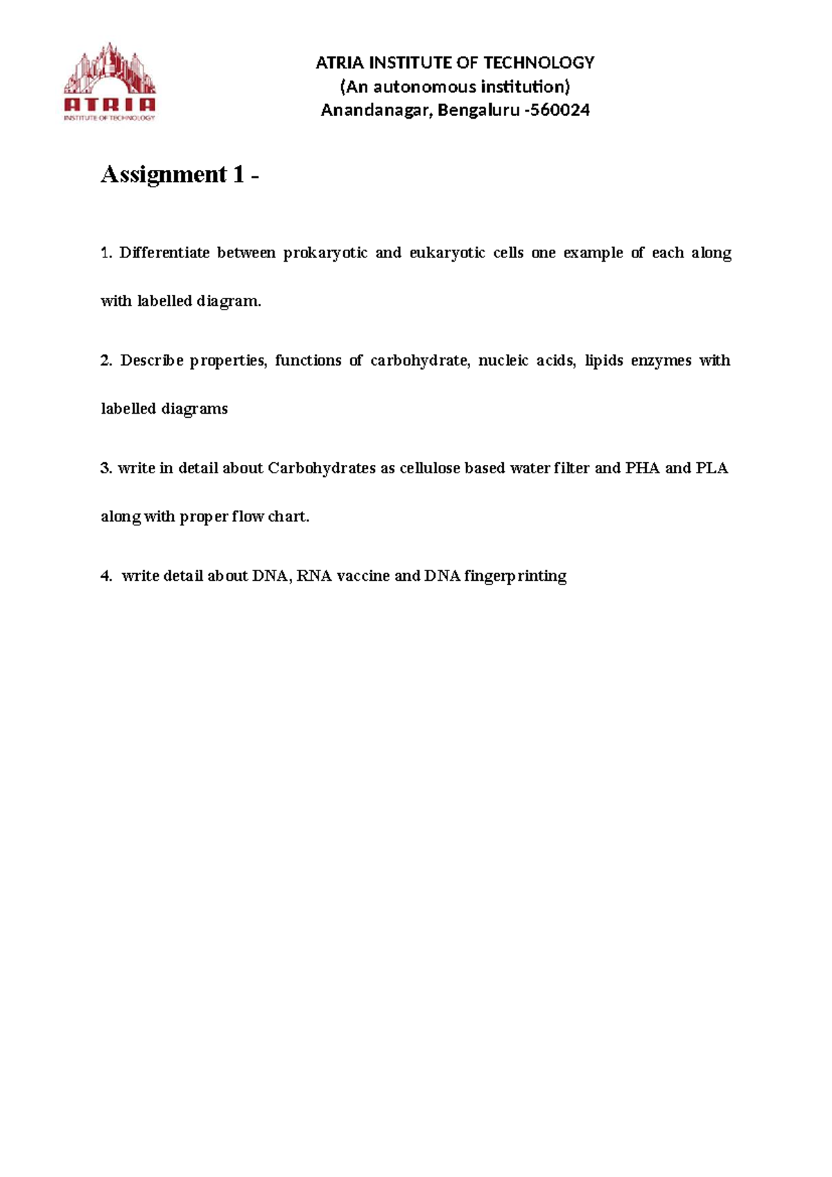 Assignment question For biology IA 1 - ATRIA INSTITUTE OF TECHNOLOGY ...
