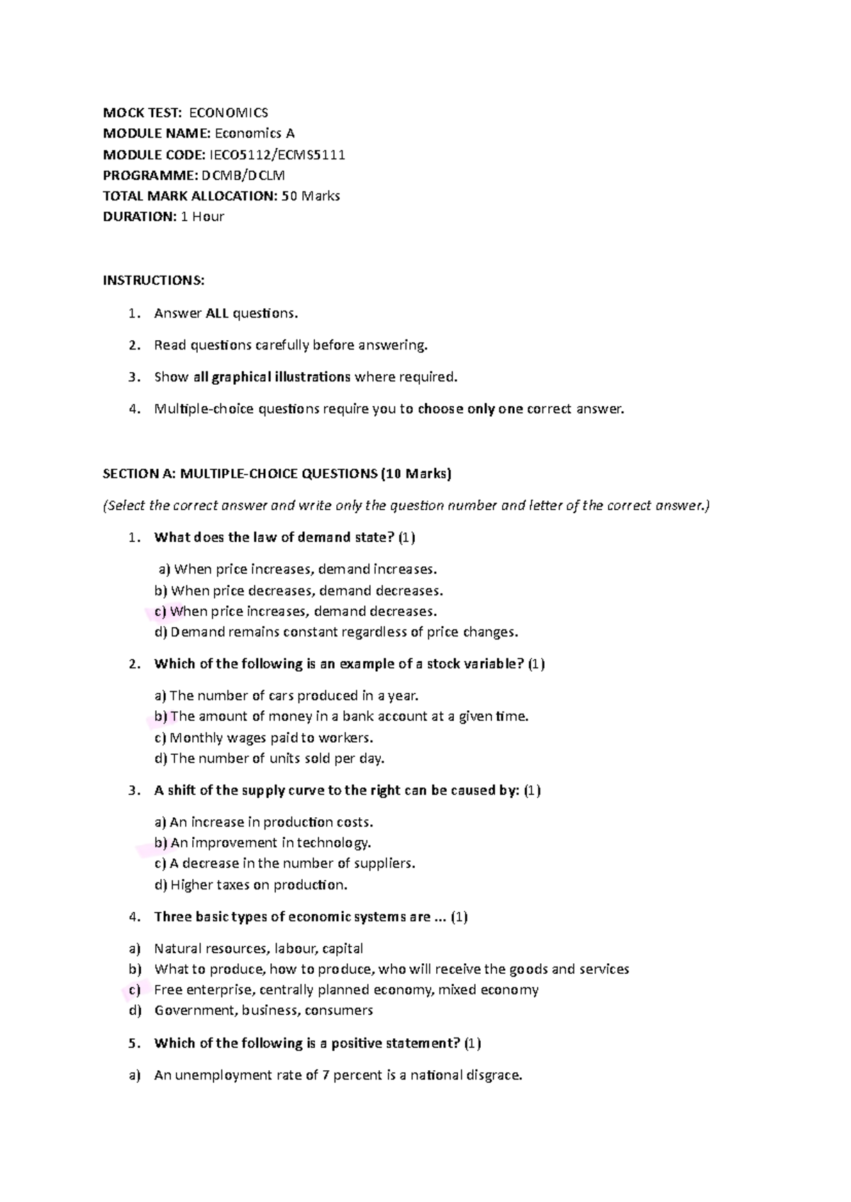 Mock Test: Economics A IECO5112/ECMS Semester 1 Exam Guide - Studocu