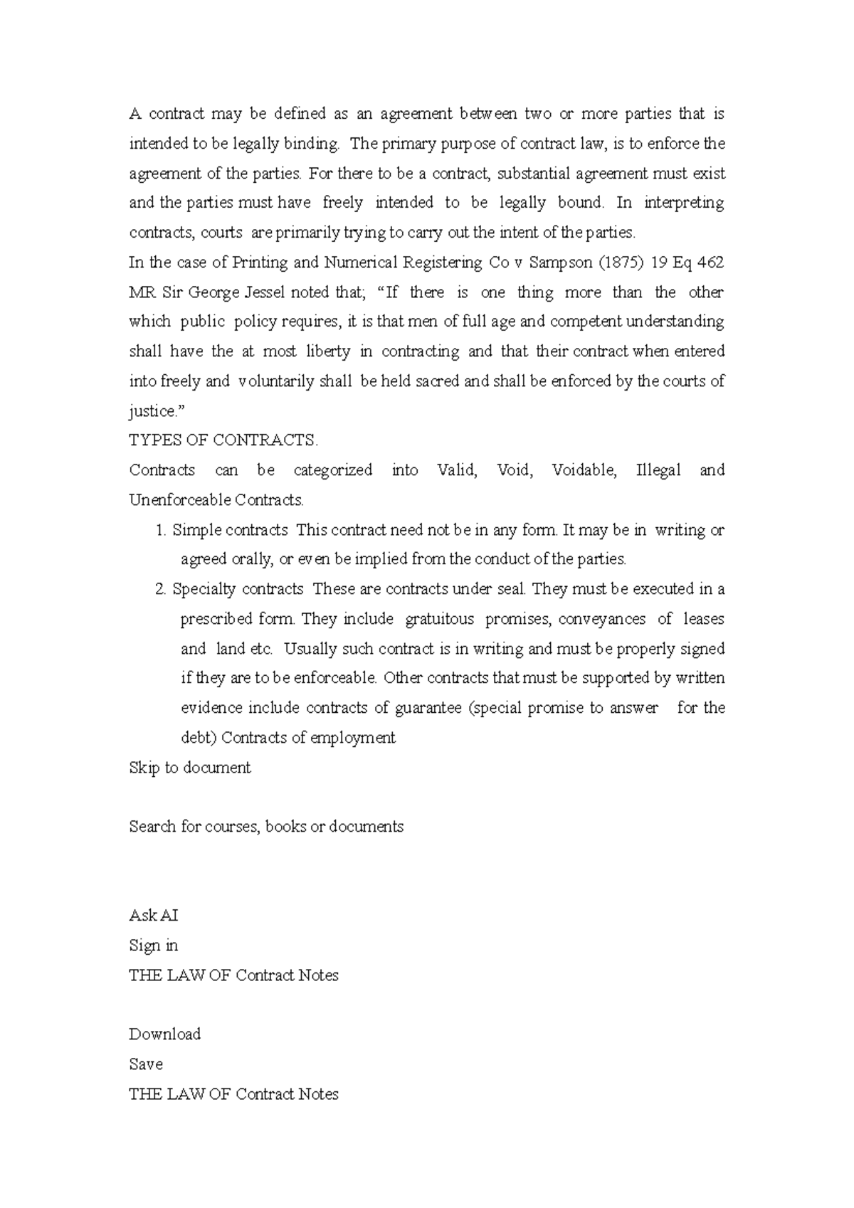 Contract law 1 Notes - A contract may be defined as an agreement ...