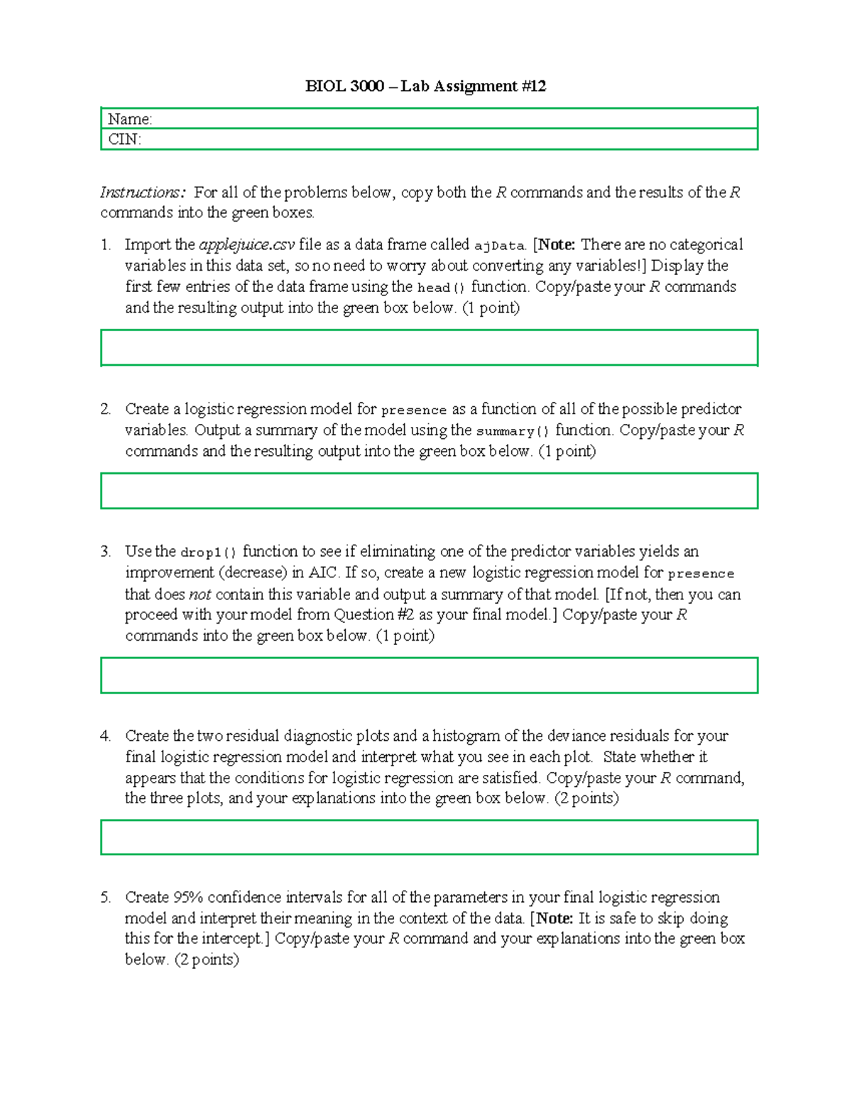 BIOL 3000 - Lab Assignment 12: R Commands and Logistic Regression ...