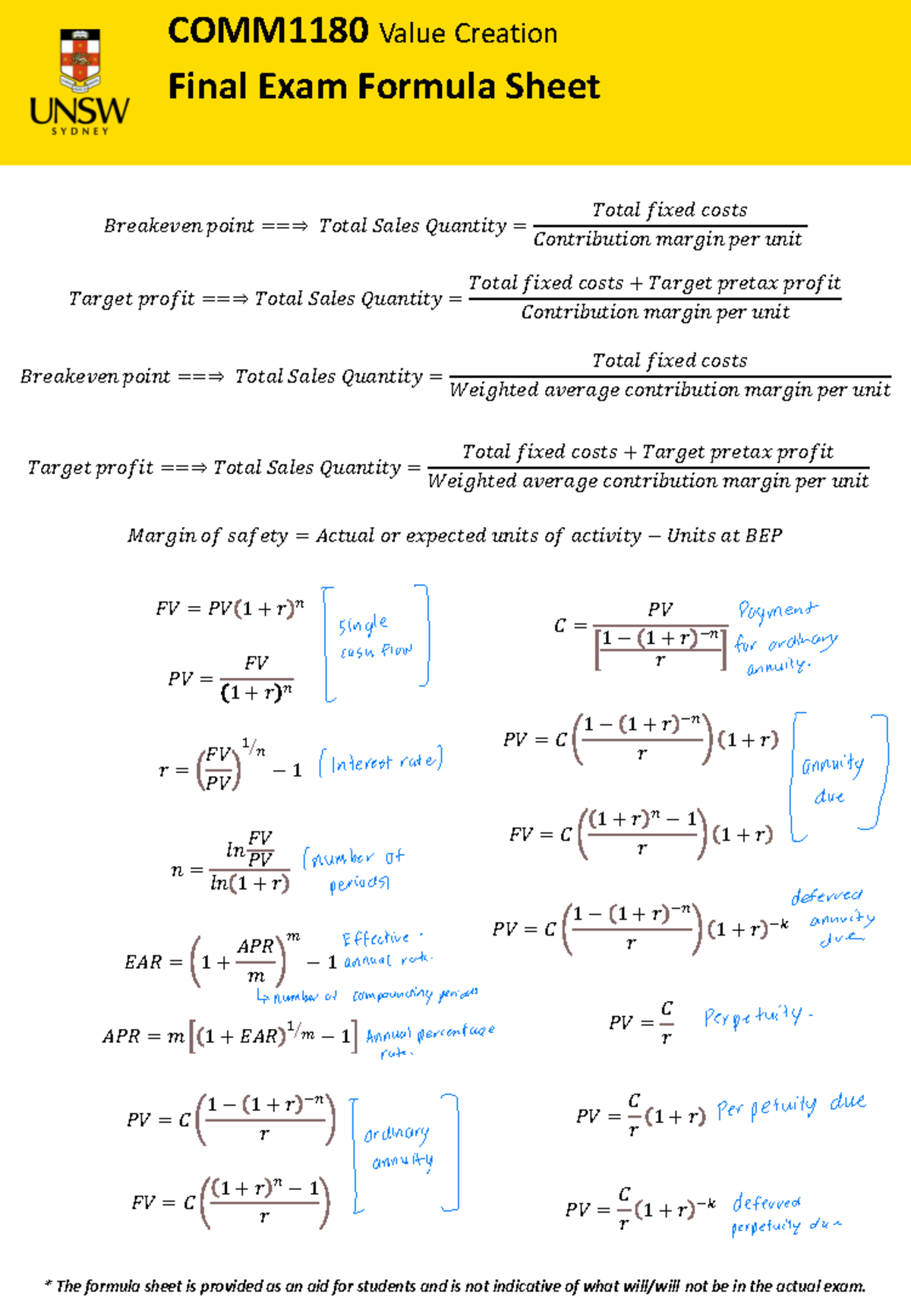 COMM1180 Value Creation Final Exam Formula Sheet 2025 - Studocu