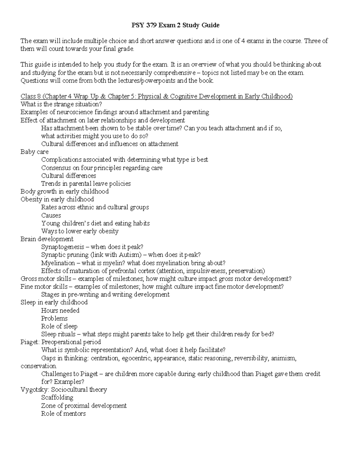 PSY 379 Exam 2 Study Guide: Key Concepts in Early Childhood Development ...