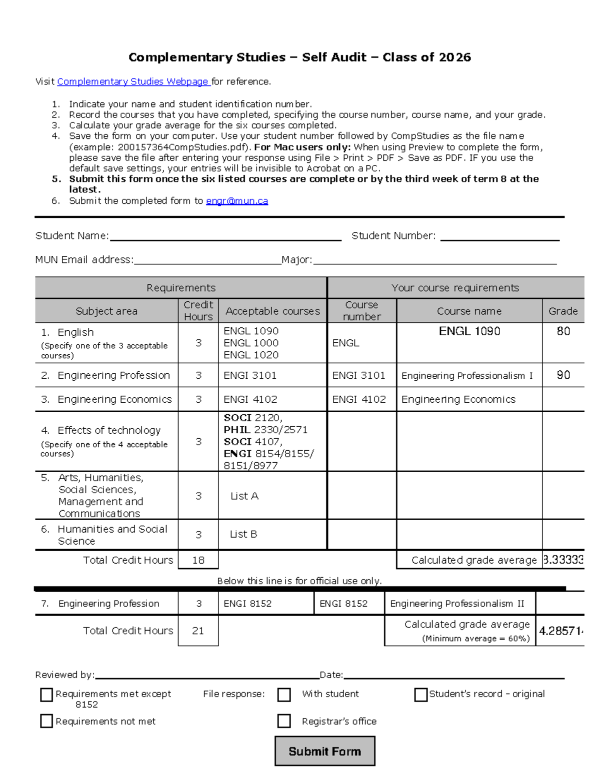 Complementary Studies Self Audit Form for Class of 2026 - Studocu