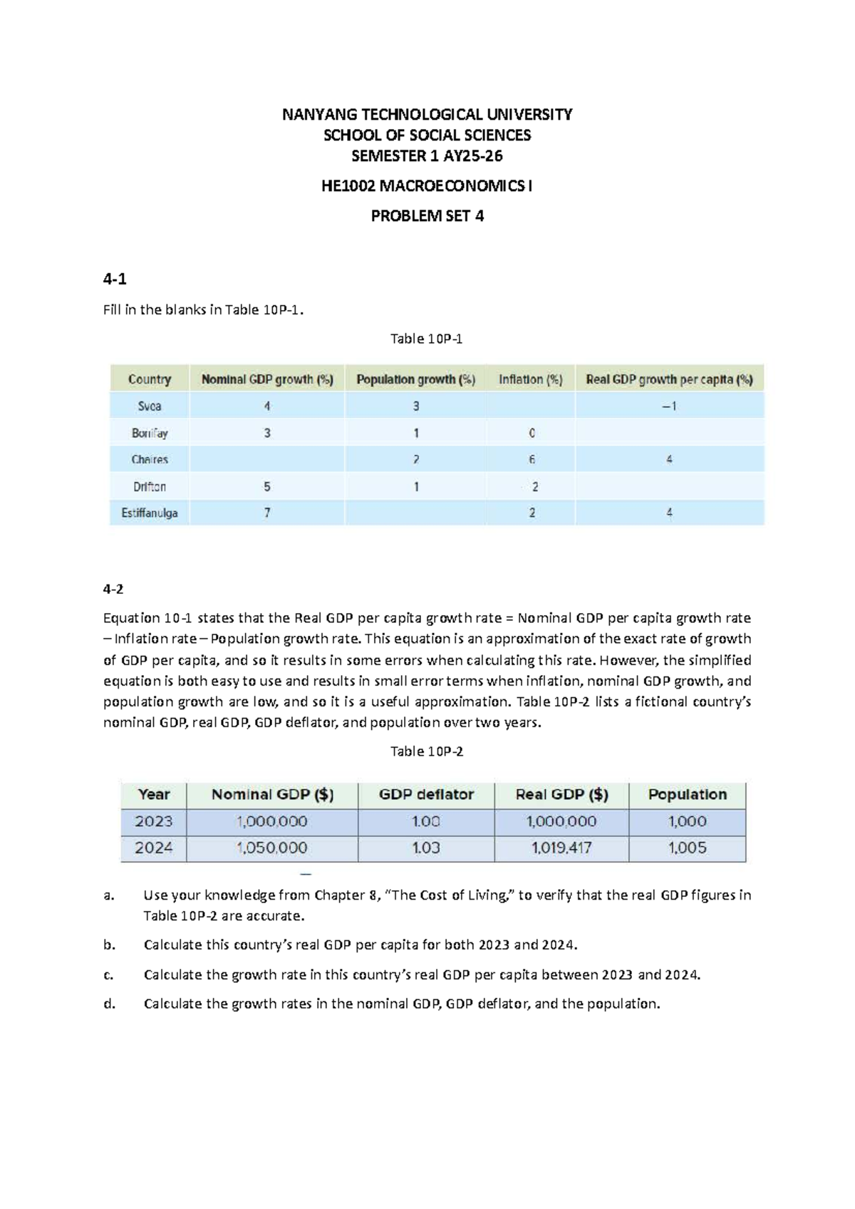 HE1002 Macroeconomics I: Problem Set 4 Analysis and Calculations - Studocu