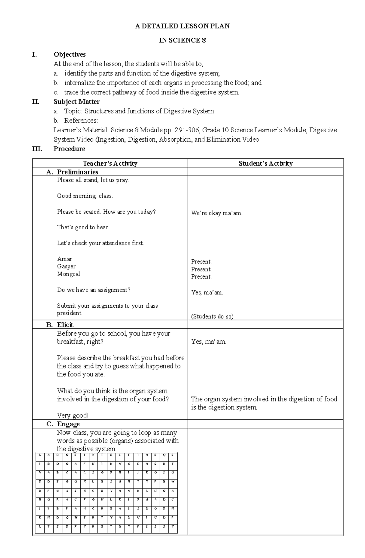 Grade 8 Science Lesson Plan: Digestive System Overview - Studocu