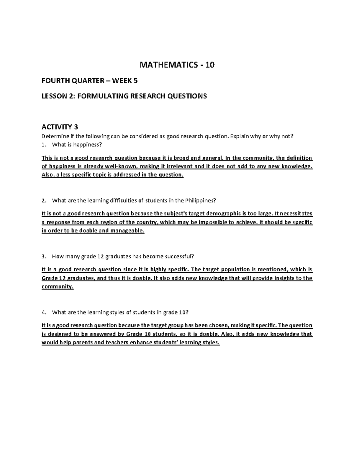 Math (Q4W5) - Lesson on Evaluating Research Questions in MATH - Studocu