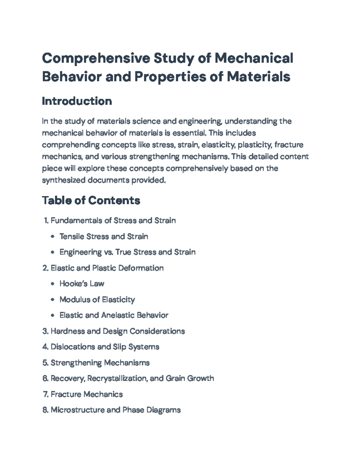 Comprehensive Study of Mechanical Behavior of Materials (ENG101 ...