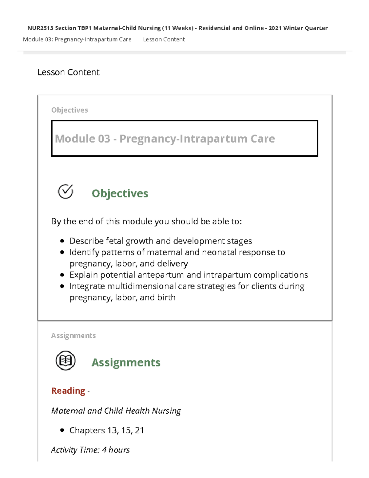 NUR2513 Module 03: Pregnancy and Intrapartum Care Lecture Notes - Studocu