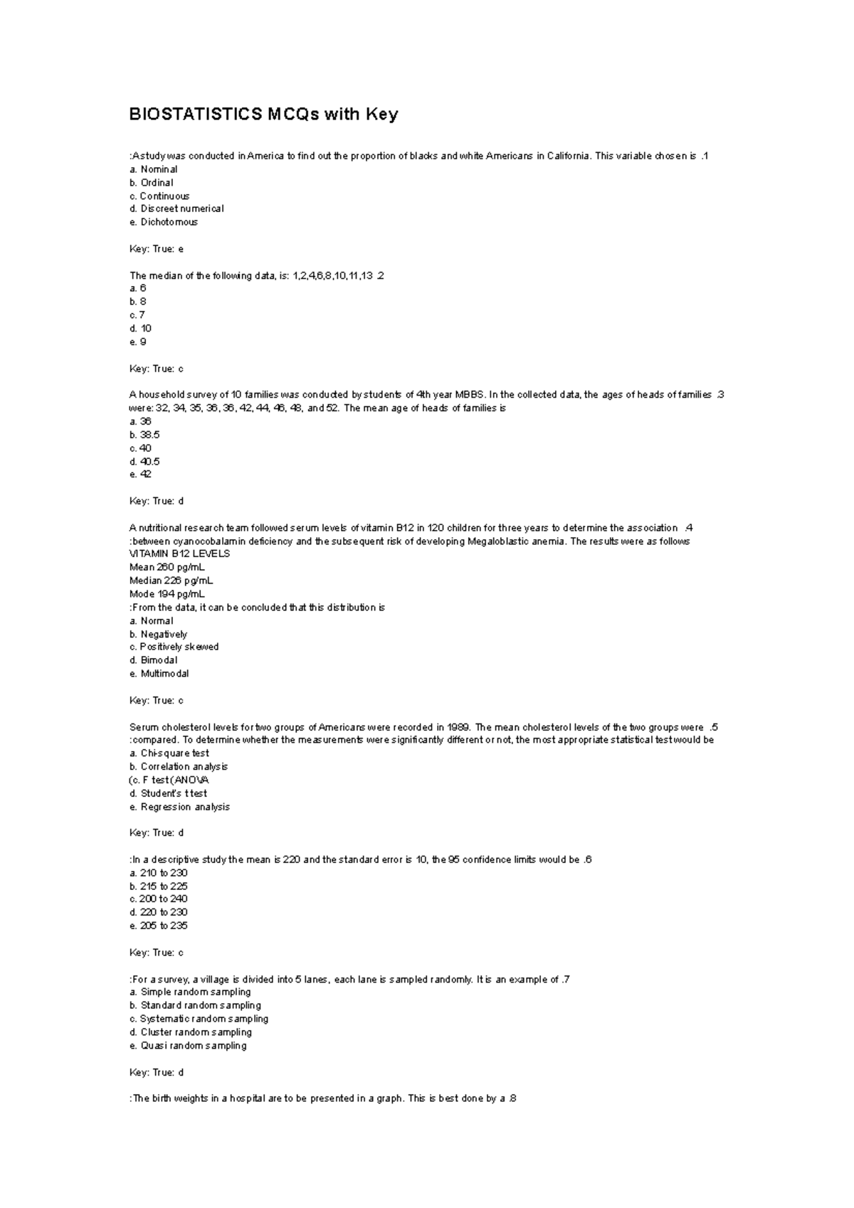 147231928 Biostatistics MCQs with Answer Key for Final Exam - Studocu