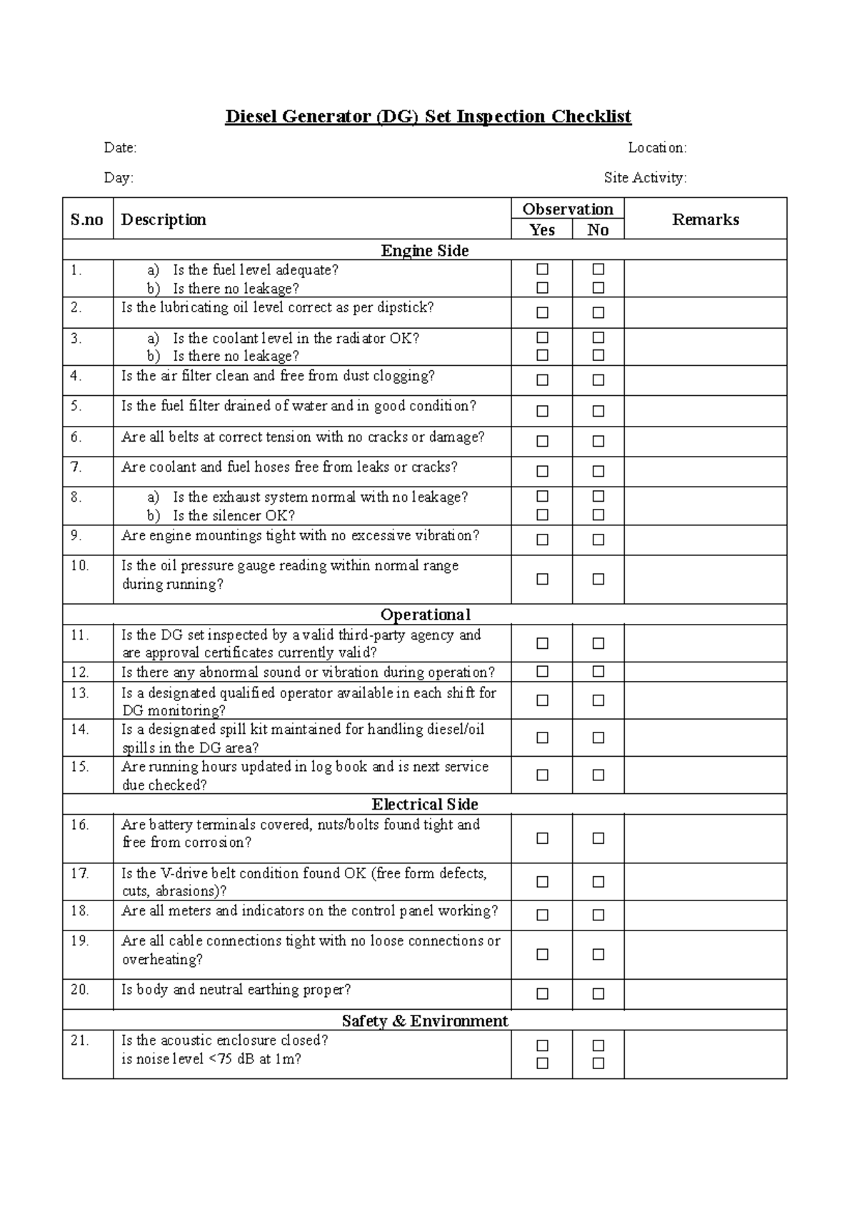 DG Set Inspection Checklist: Comprehensive Review Guide - Studocu