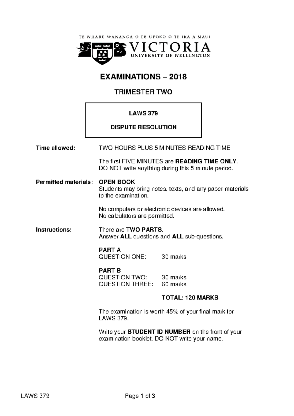 LAWS 379 Final Exam October 2018: Dispute Resolution Questions - Studocu