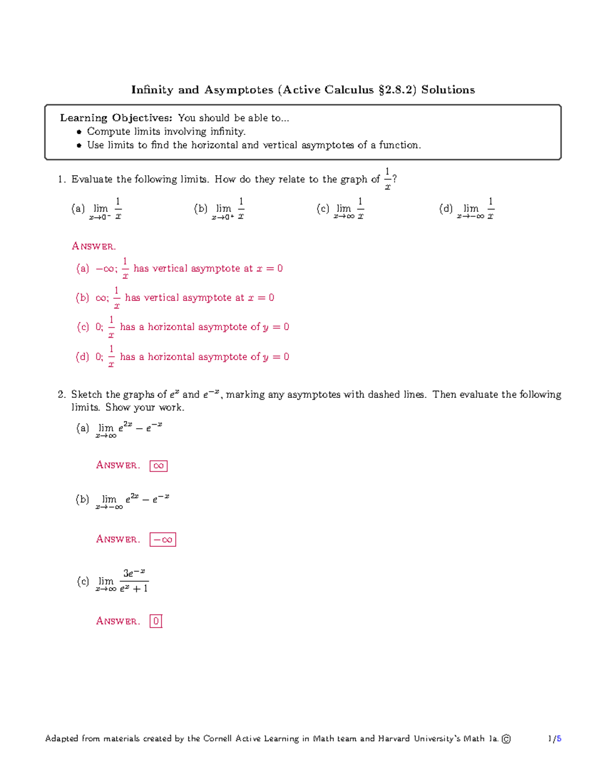 Infinity and Asymptotes Solutions Worksheet MATH 1110 - Infinity and ...