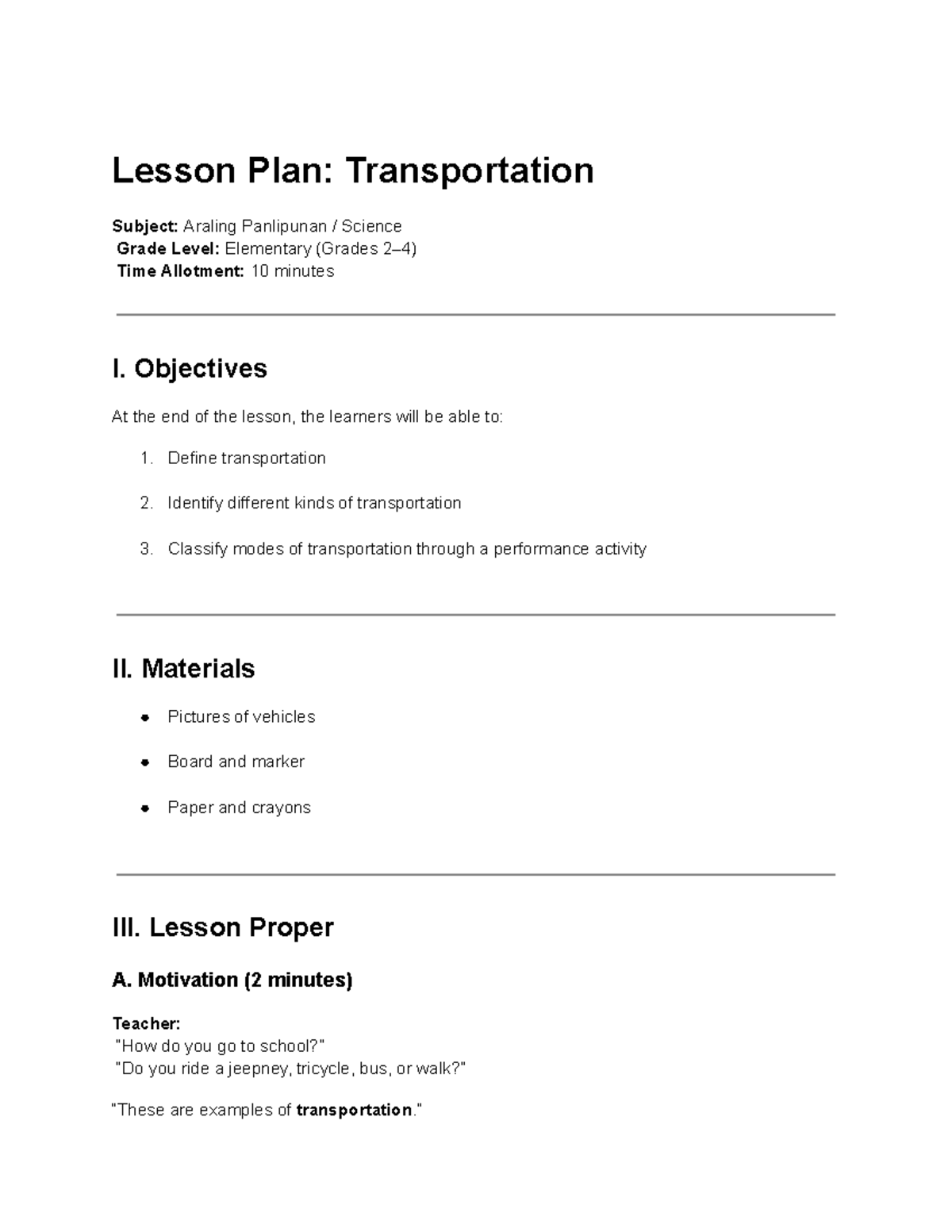 Lesson Plan: Transportation in Araling Panlipunan (Elementary) - Studocu