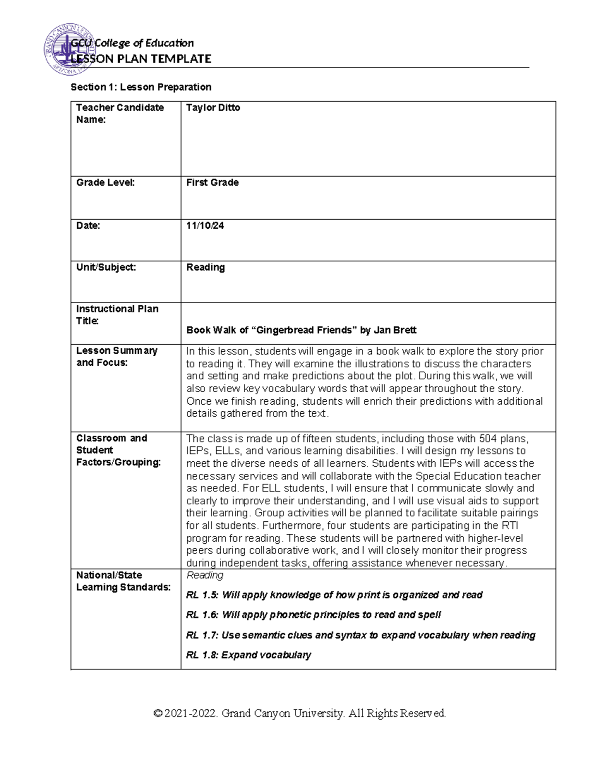 Book Walk Lesson Plan for 