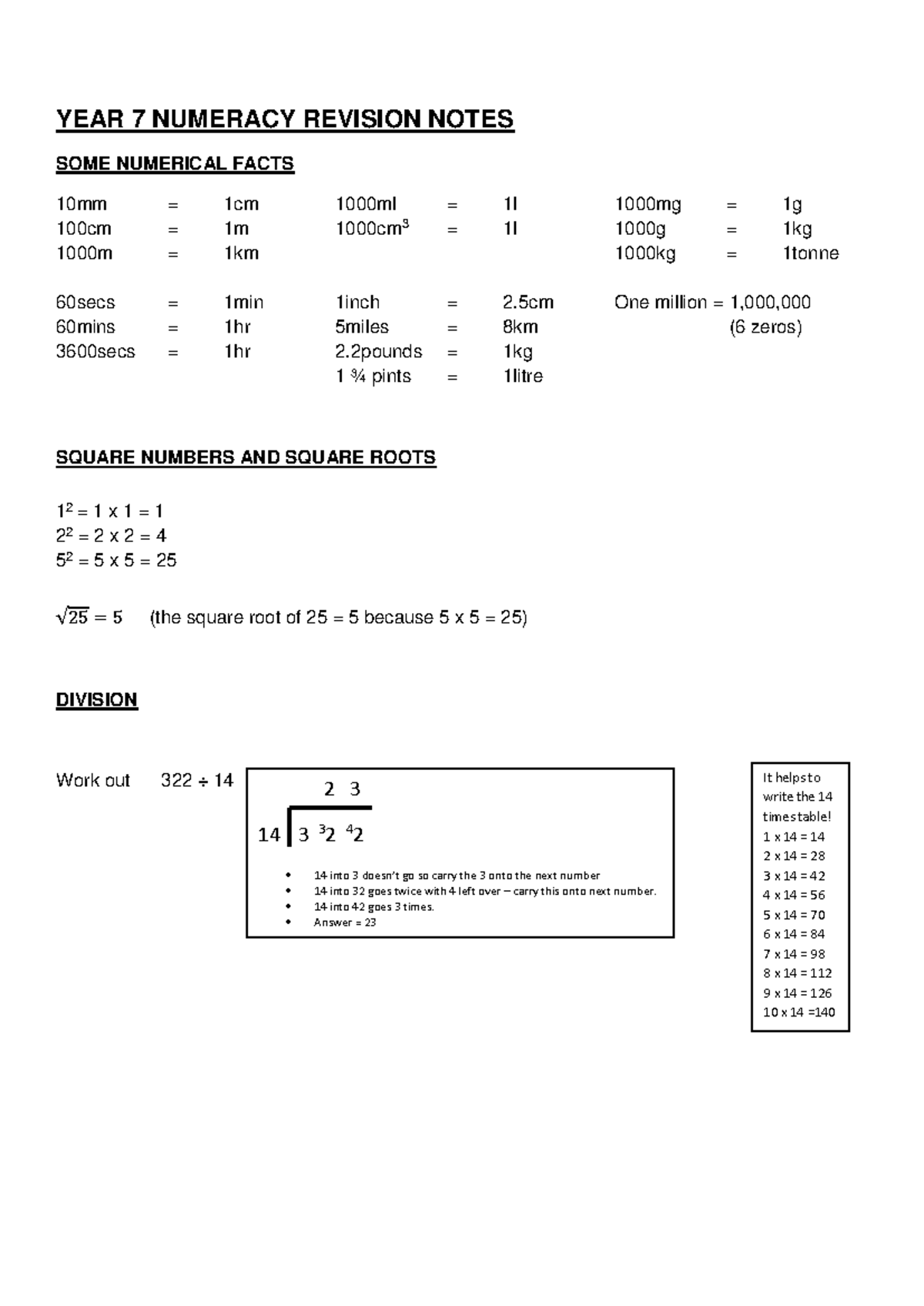 Year 7 Numeracy Revision Notes: Key Concepts and Tips - Studocu