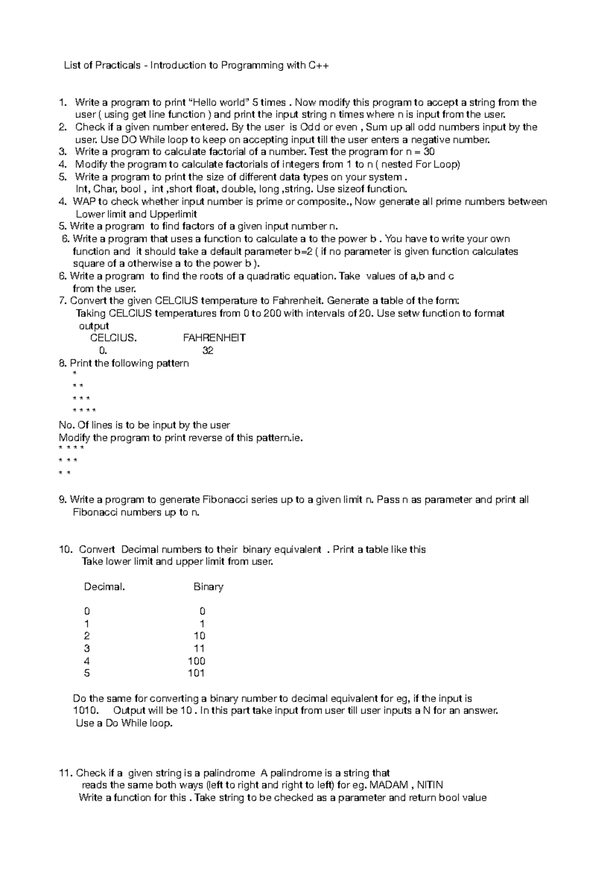 C++ Practicals - List of Programming Exercises and Solutions - Studocu