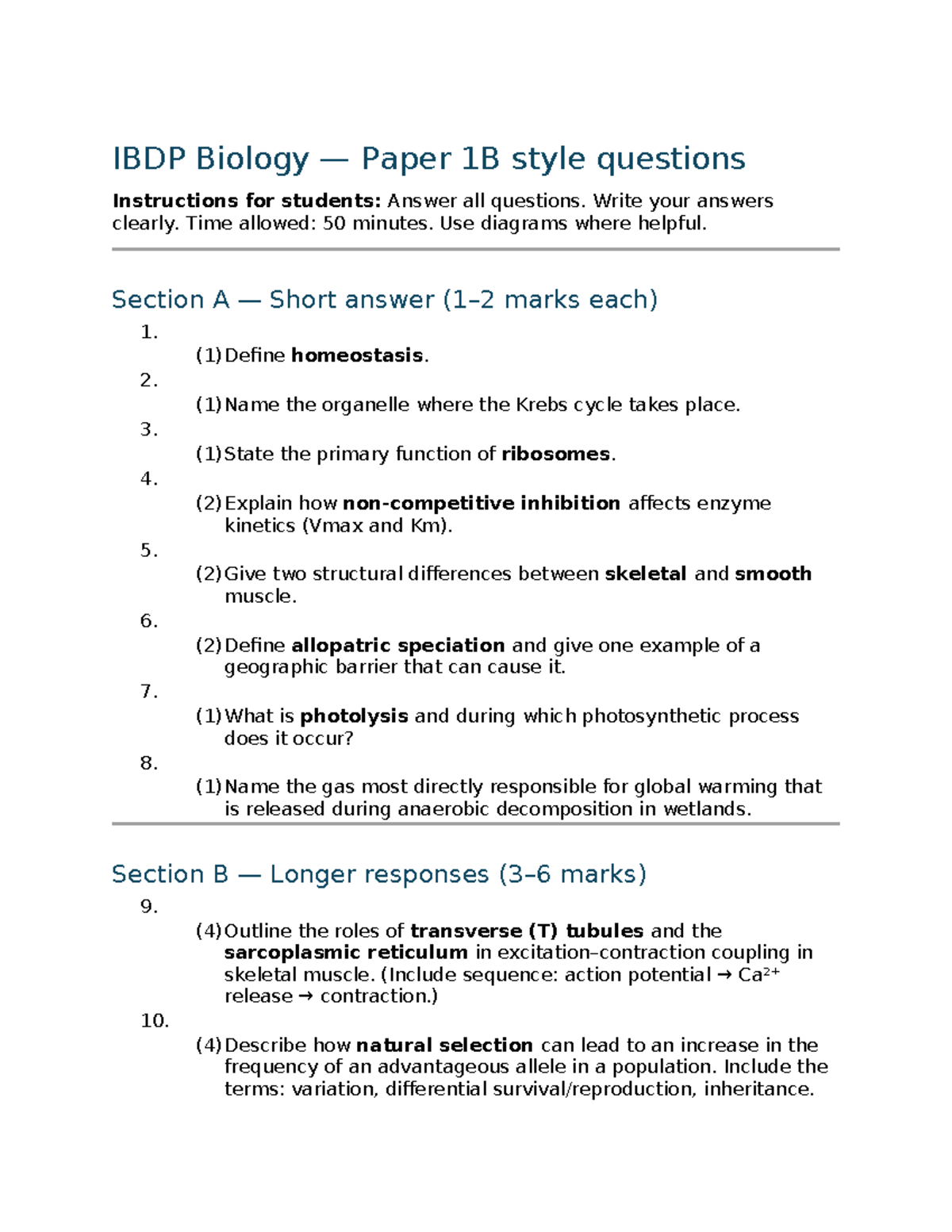IBDP Biology Paper 1B: Style Questions & Instructions for Students ...