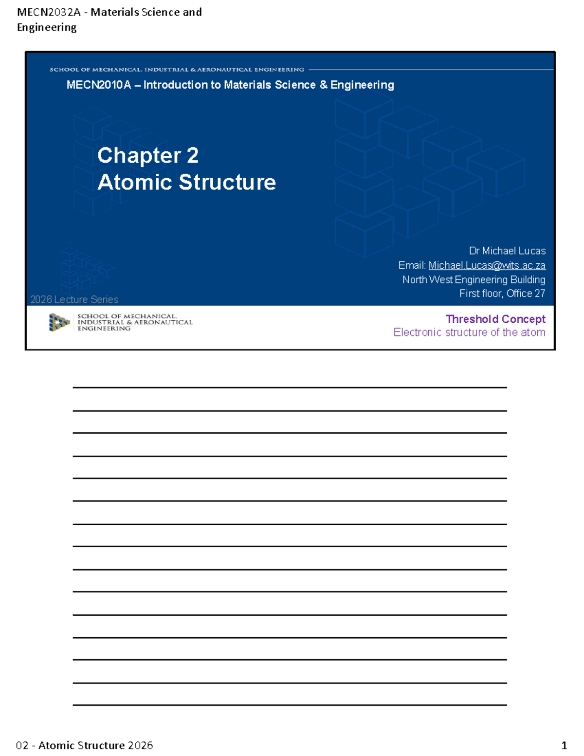 MECN2032A Materials Science & Engineering: Chapter 2 Atomic Structure ...