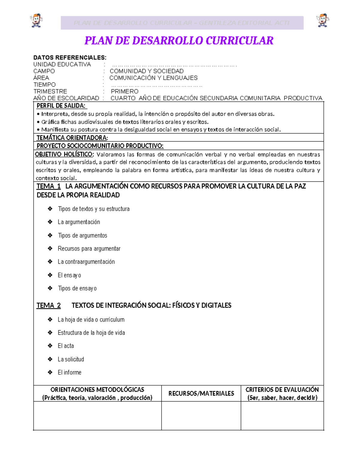 PDC 4° COMUNICACIÓN Y LENGUAJES ACTI 2024 - Desarrollo Curricular - Studocu