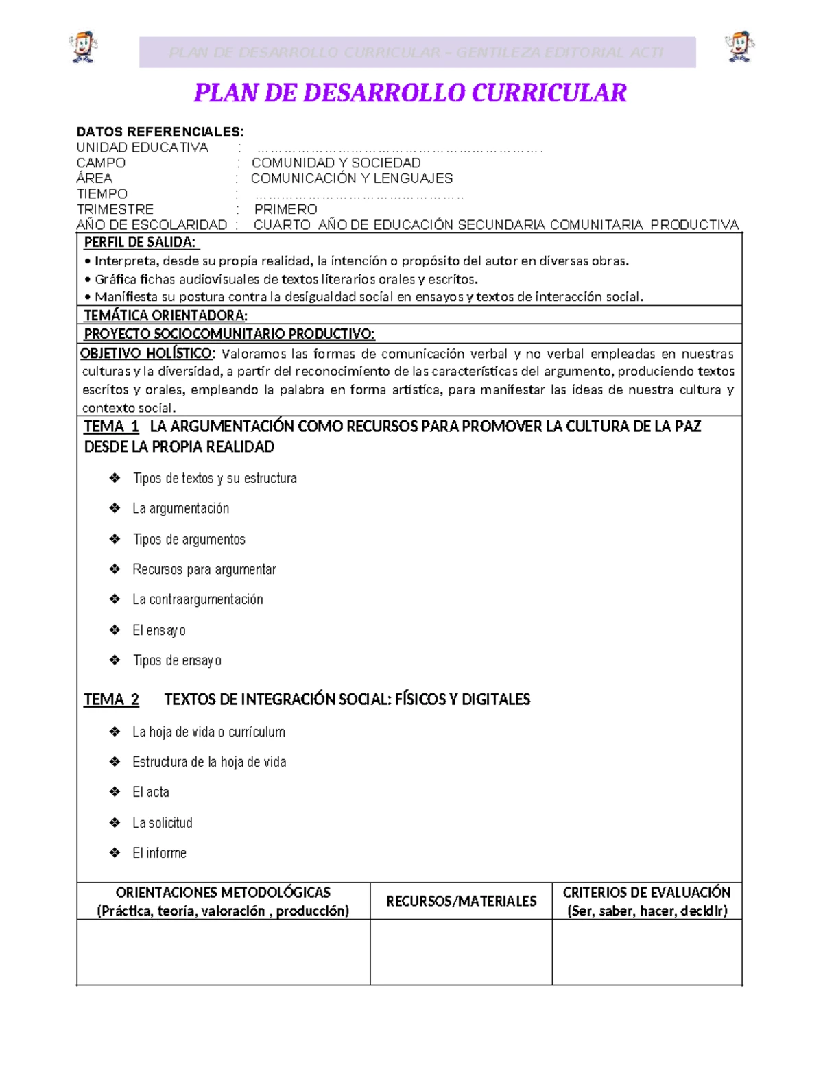 4TO - Primaria PDC 2024: Plan de Desarrollo Curricular Acti - Studocu