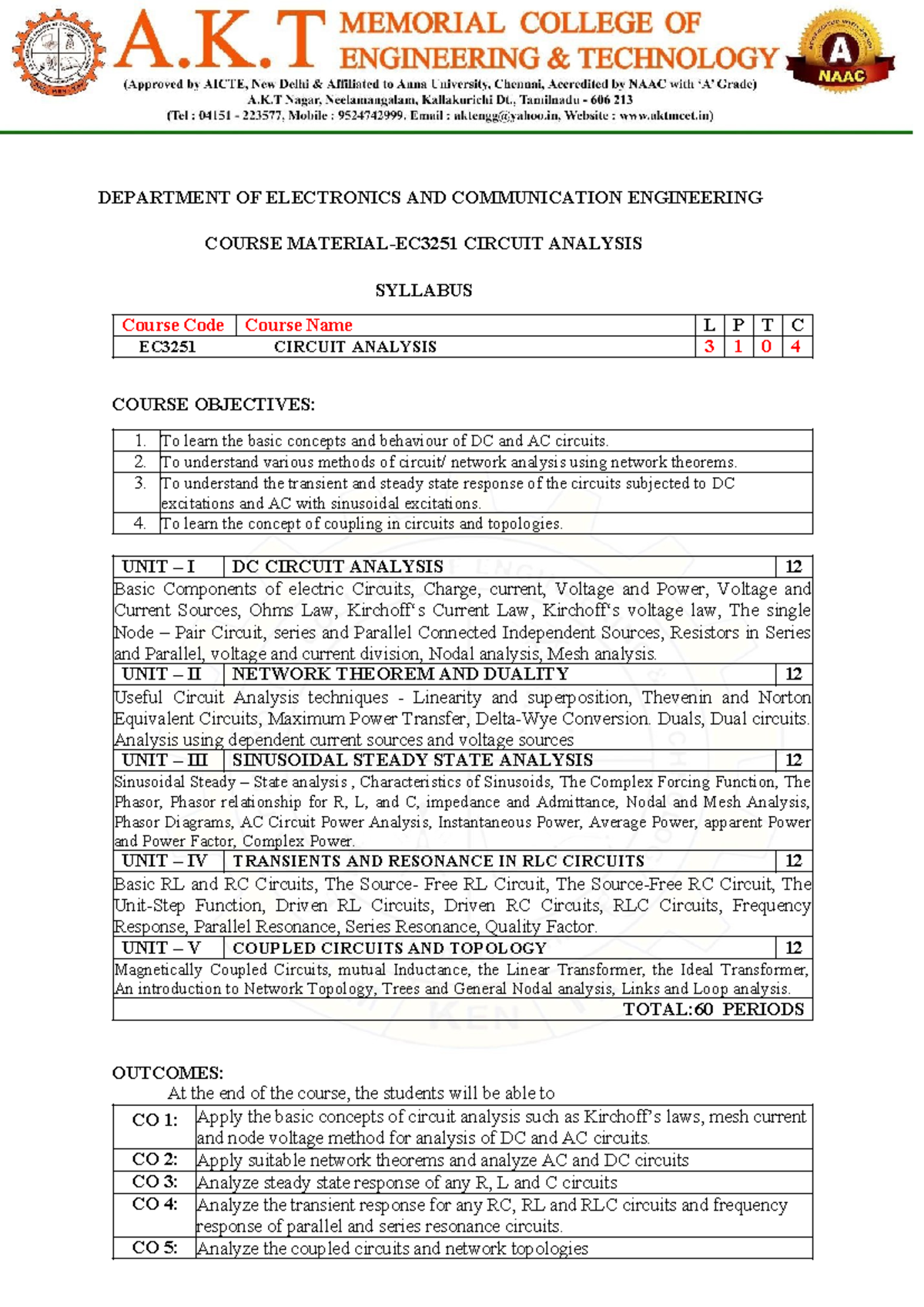 EC3251 Syllabus - Circuit Analysis for Electronics Engineers - Studocu