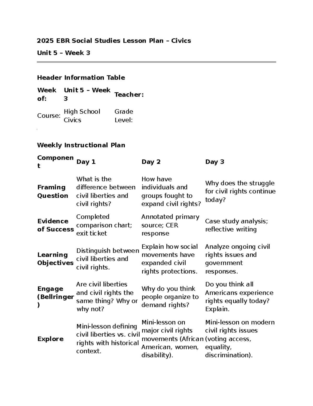 2025 EBR High School Civics Lesson Plan: Unit 5 Week 3 - Studocu
