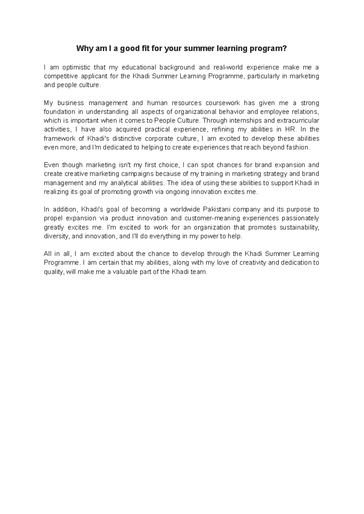 Khaadi - Summer Learning Program Application Essay - Studocu